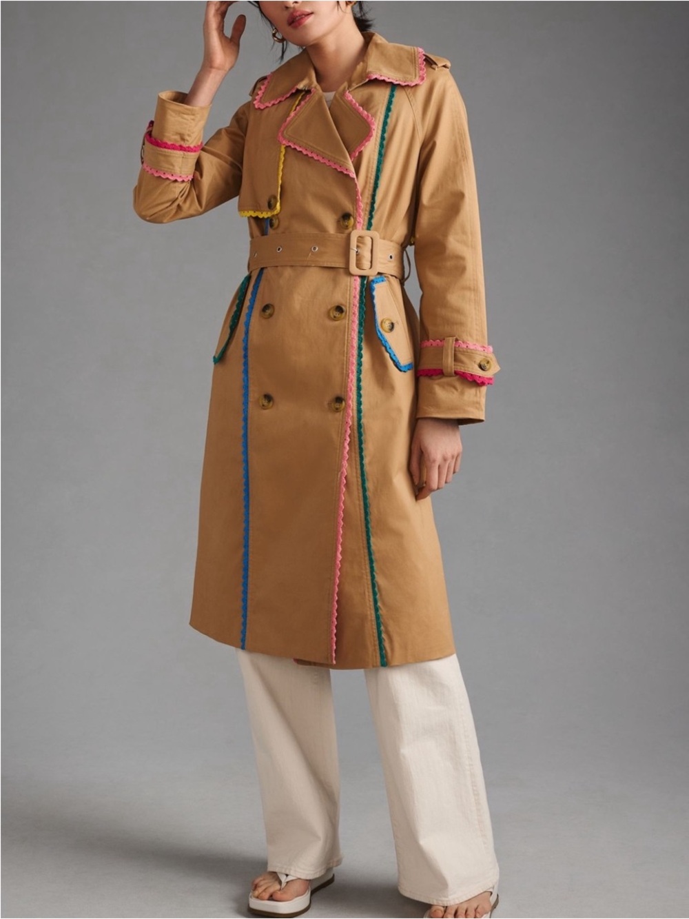 7 For All Mankind Tan Trench Coat with Pink, Blue, Green & Yellow Trim